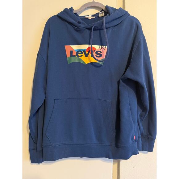 Levi’s Sweaters - Levi's Womens Blue Multicolor Logo Hoodie Kangaroo Pocket Casual Size XL